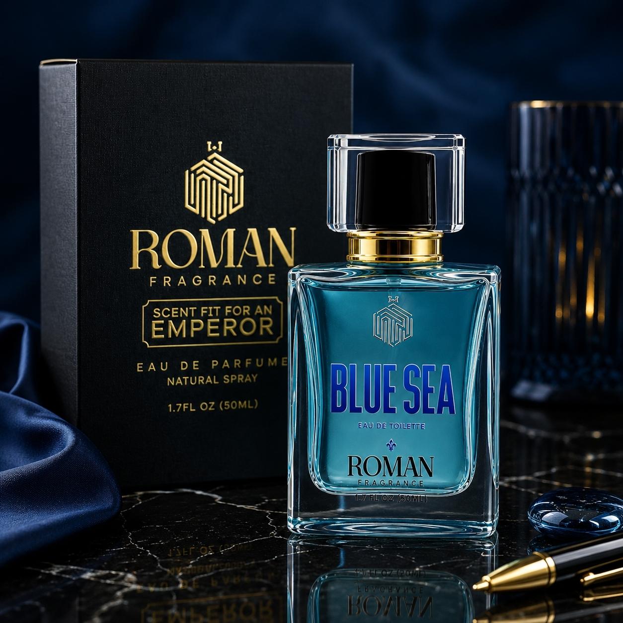 Roman Fragrance Blue Sea Perfume luxury presentation
