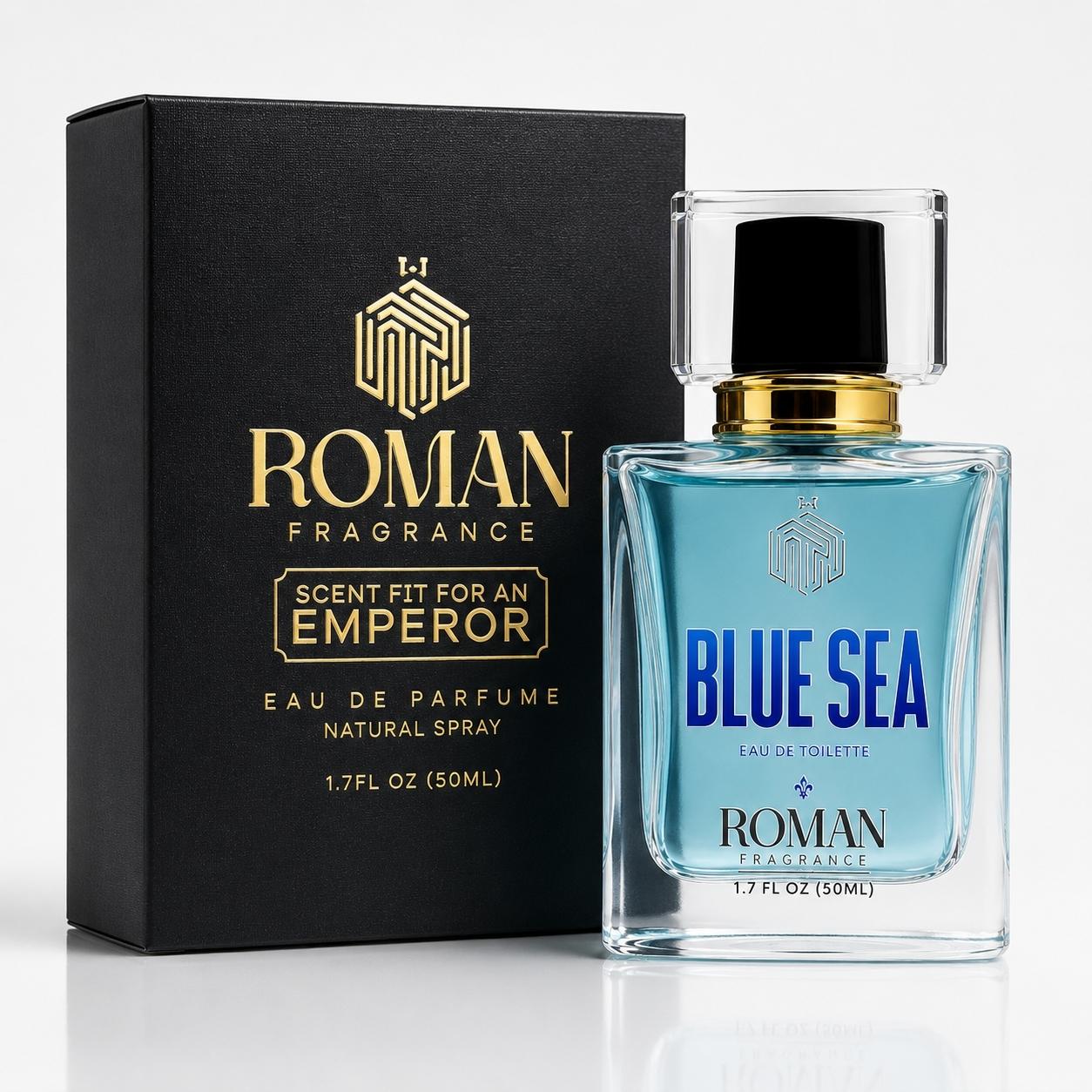 Roman Fragrance Blue Sea Perfume 50ml bottle close-up